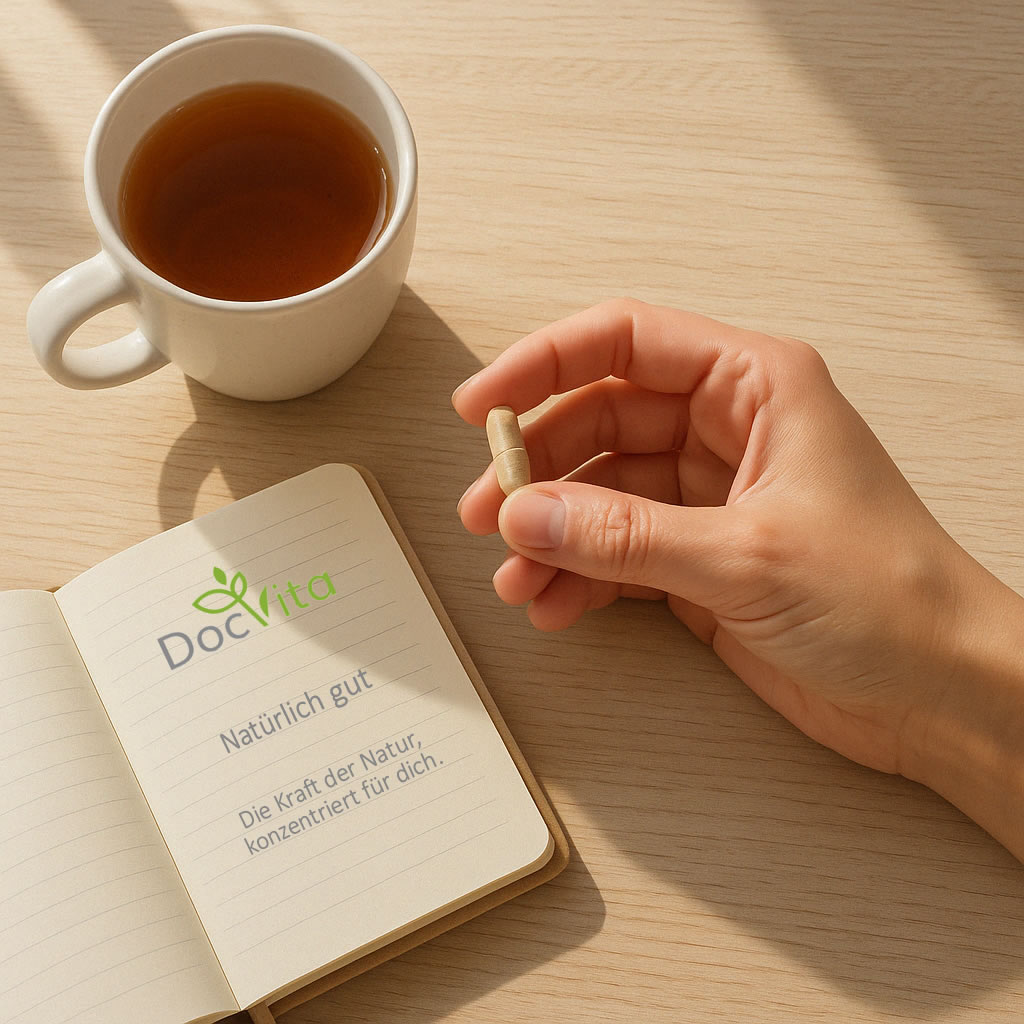 Hand hält eine pflanzliche Kapsel neben einer Tasse Tee und einem Notizbuch mit dem Logo „DocVita“ und dem Slogan „Natürlich gut – Die Kraft der Natur, konzentriert für dich.“