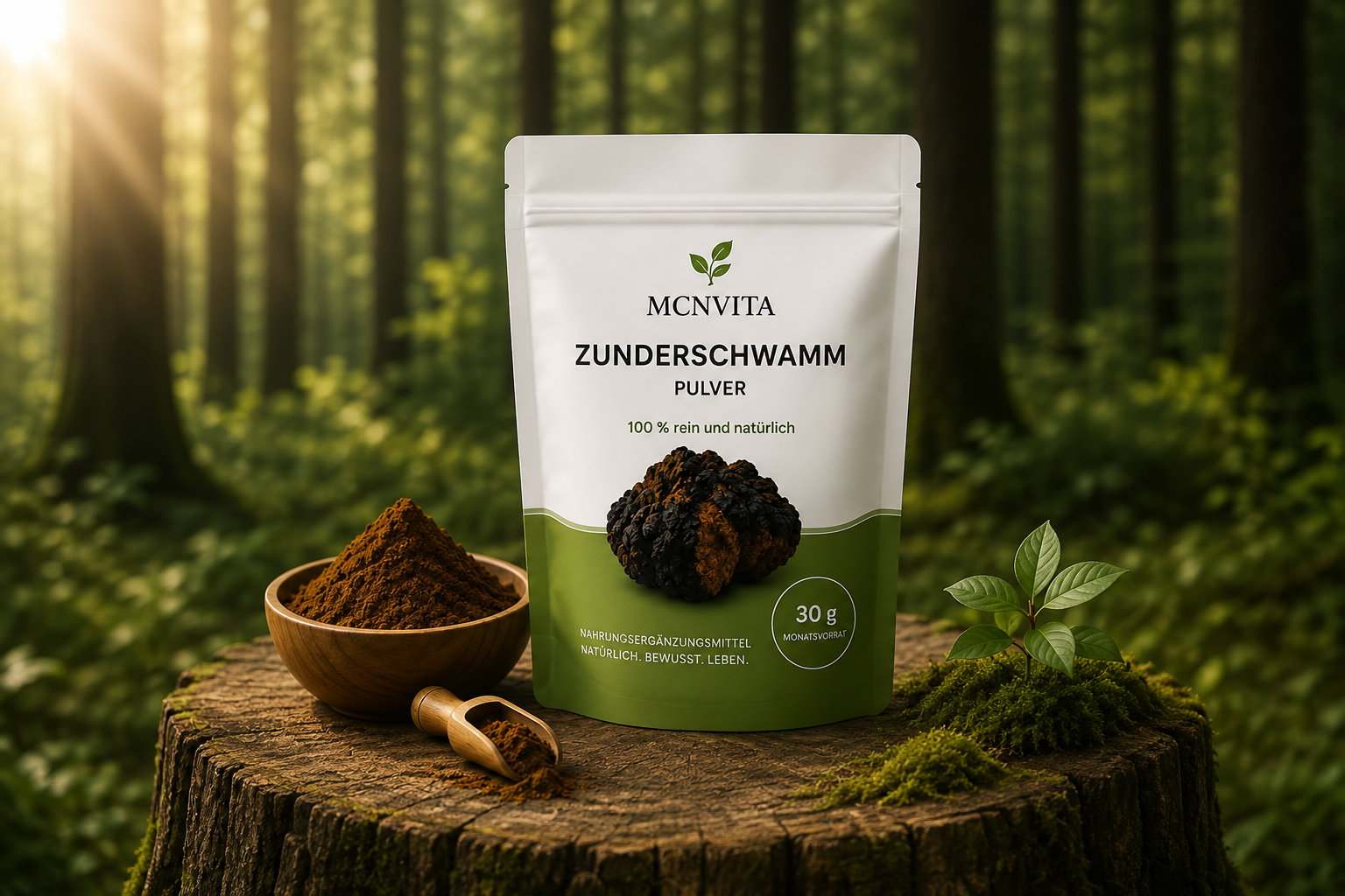 MCNVITA Zunderschwamm Pulver Nachfüllpackung mit Schale, Holzschaufel und Zunderschwamm im Wald