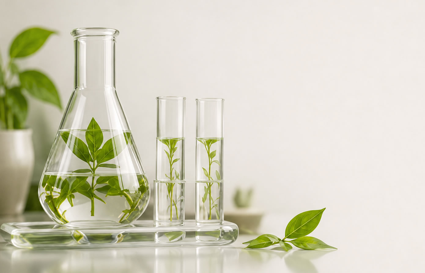 Glasgefäße mit Pflanzen im Labor-/Naturmotiv