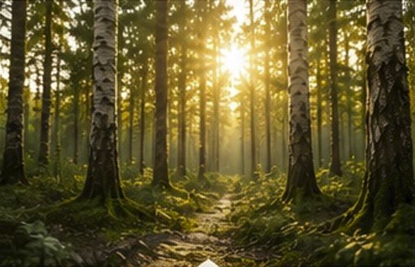 Waldpfad mit Sonnenlicht zwischen Birken